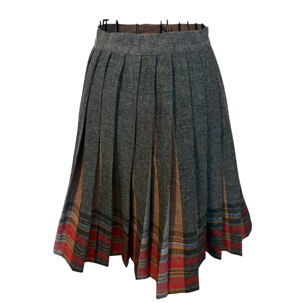 Vintage Wool Heather Grey Plaid Printed Hem Full Pleated Rockabilly Skirt Retro
